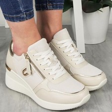 H.O.S Women's Beige Ladies Luxury Designer Faux Leather Wedge Trainers