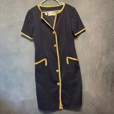 Vintage Bill Blass Navy Gold Trim Dress Womens Size 10 90s Mad Men Mod Secretary