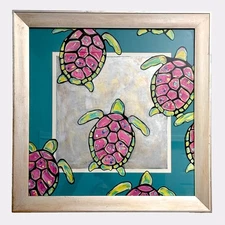 Original Modern Sea Turtle Hatchlings Painting 28" Framed Endangered Species Art