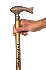 "Handmade Wooden Walking Cane with Floral Carvings and Fish-Shaped Head Handle"