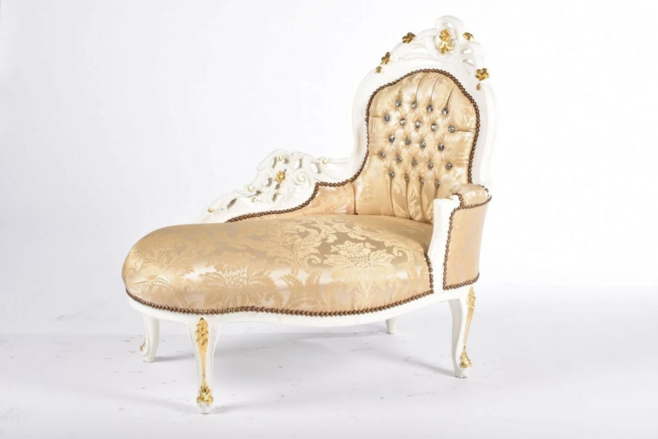 Chaise longue en bois laqué blanc avec incrustations et damas or, 1 place - Photo 1/4