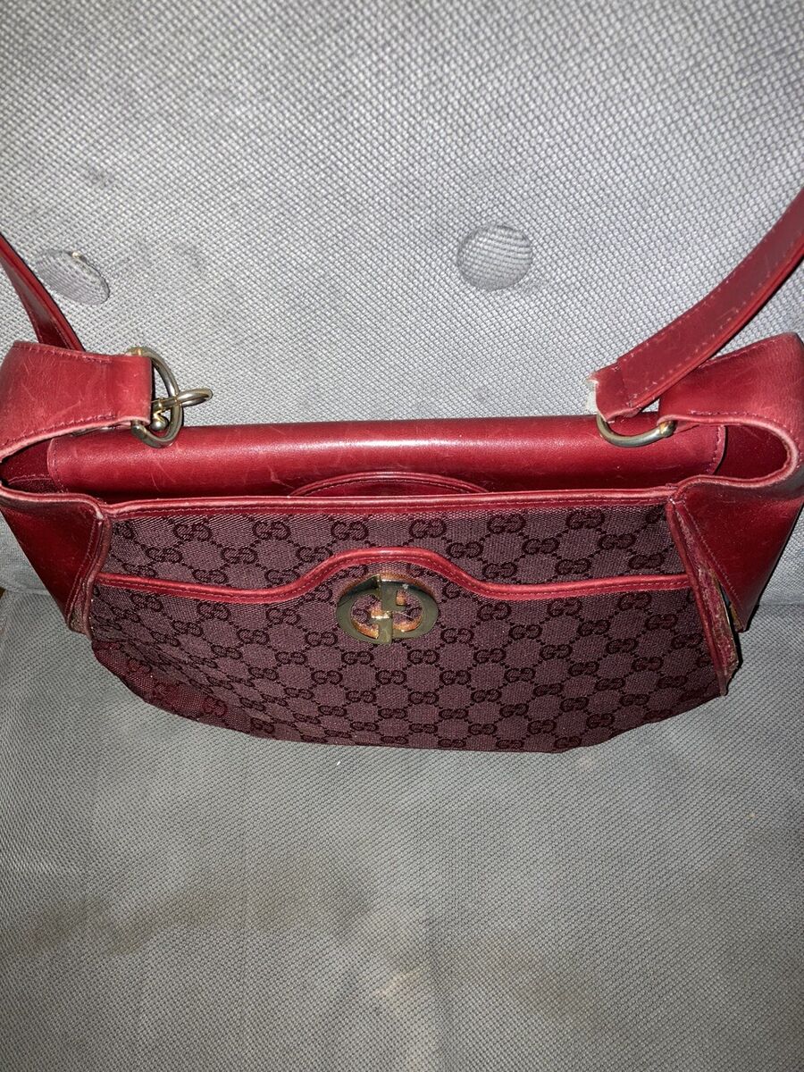 Vintage Gucci Burgundy Leather Canvas Monogram Shoulder Bag Purse