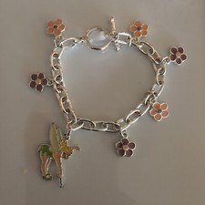 Walt Disney Charm Bracelet Tinker Bell Flowers Silver Tone 6" long