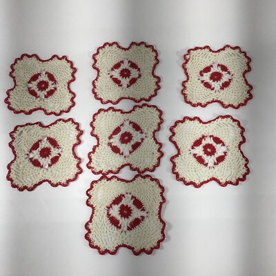 5 Vintage Red White Crochet Knit Doily Round Flower Design Table Topper Mat 5''