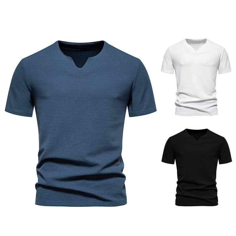 Mens V Neck Short Sleeve Jacquard Solid Color T-shirt Male