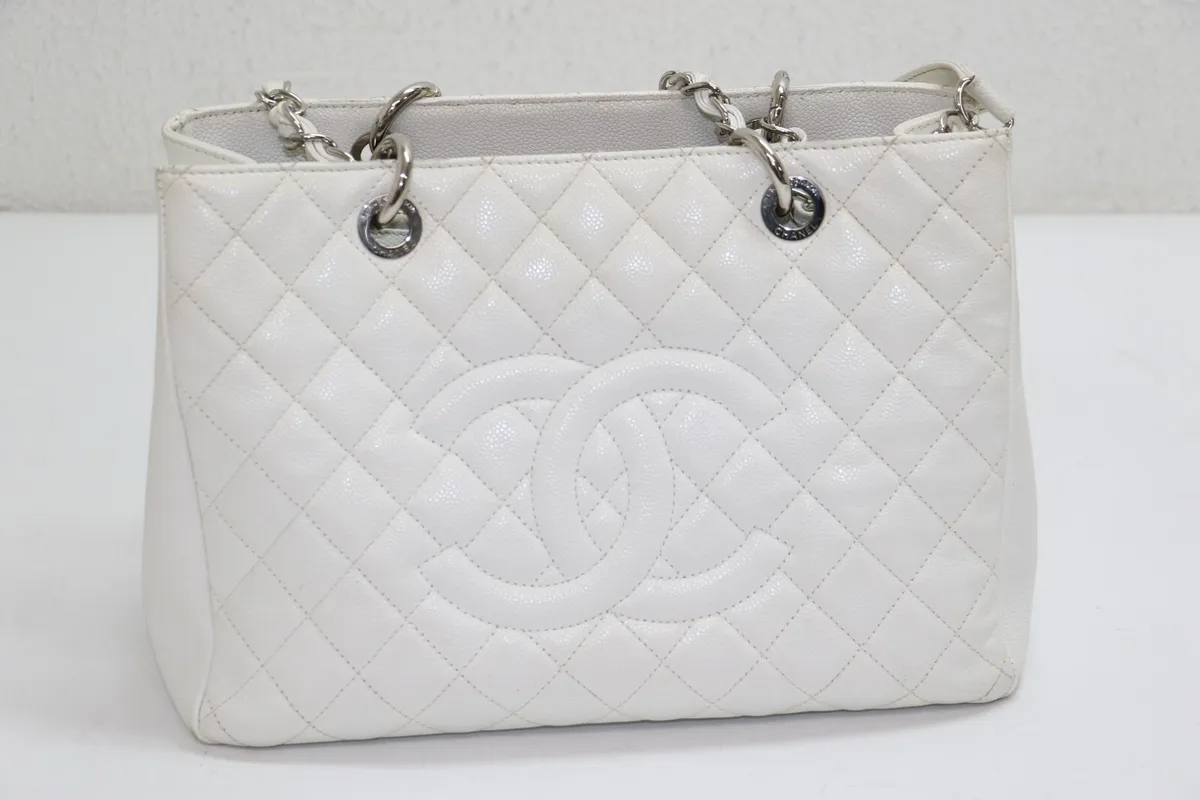 CHANEL Quilted Matelasse GST Caviar Silver Chain Grand Shopping Tote Bag  White