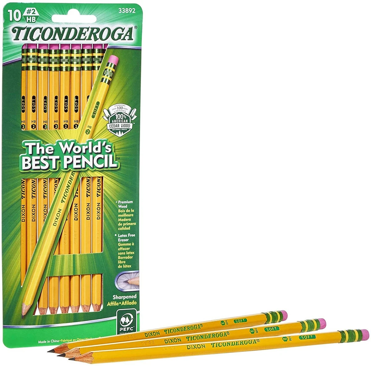 TICONDEROGA Pencils, Wood-Cased, Pre-Sharpened, Graphite #2 HB Soft,  Yellow, 10