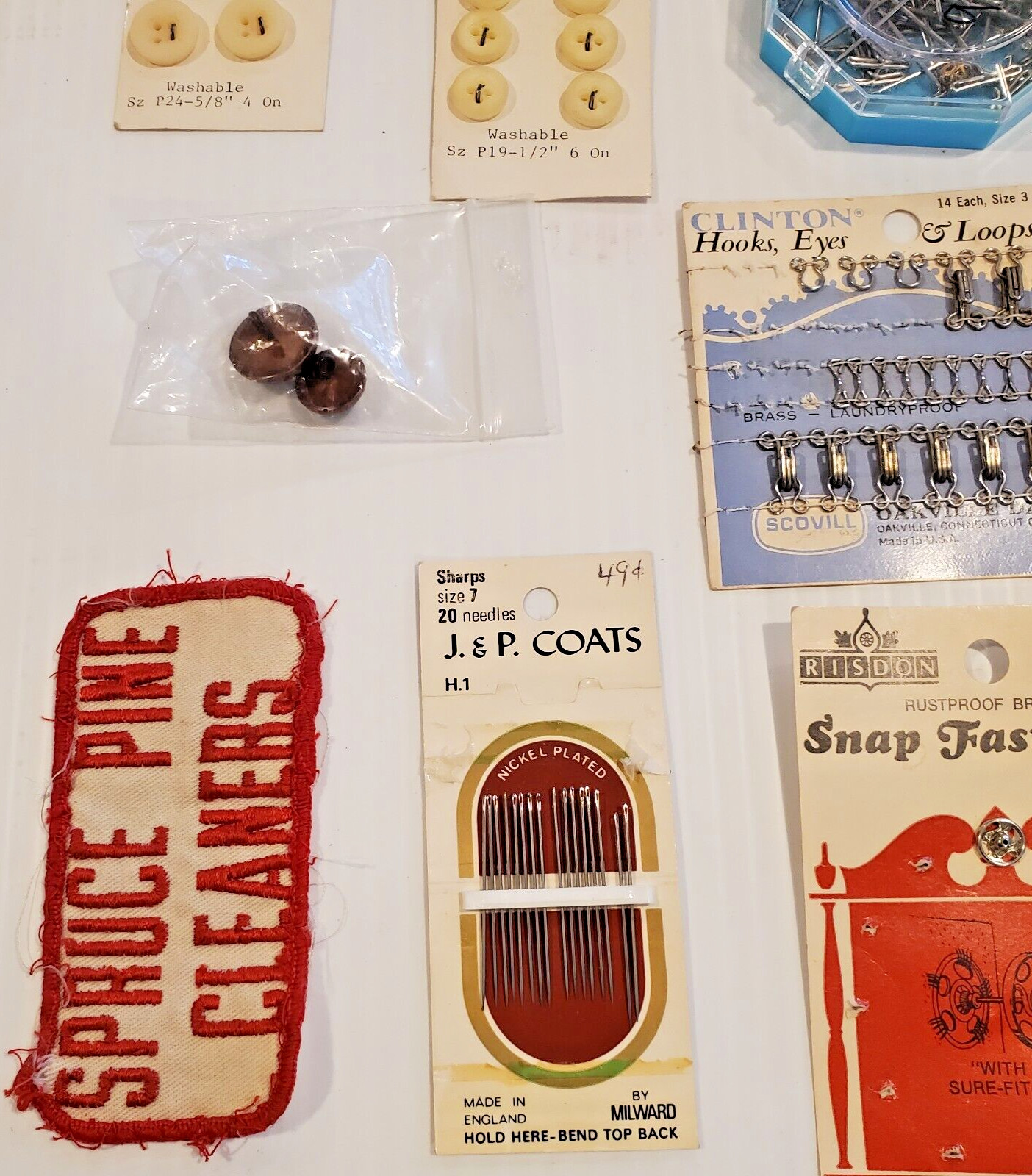 Lot Of Misc Sewing Supplies Needles Pins Thread Buttons Hooks Eyes Black Tape