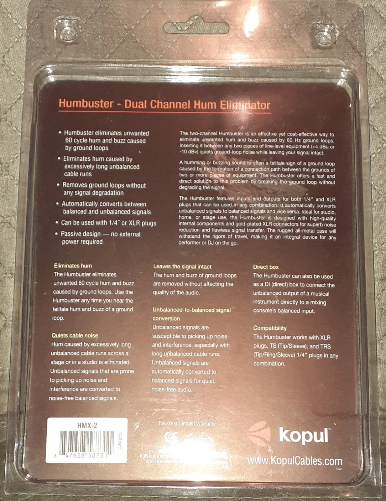 HMX-2 Humbuster - Dual-Channel Hum Eliminator with XLR and 1/4" Connectors