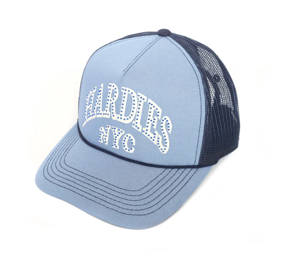 Hardies NYC Rhinestone Pre Curve Trucker Hat Ice Blue Skateboarding