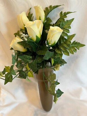 CRYPT or MAUSOLEUM SILK FLOWER BOUQUET WHITE ROSES BABY'S BREATH IVY