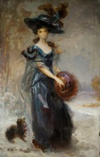 le manchon signature à identifier peintre Belle Epoque huile /