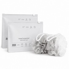 Gray White Travel Shower Loofah Body Sponge Pouf Set With Carrying Case