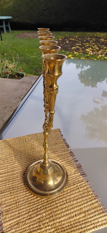 Ancien Grand Chandelier Menorah 7 Branches En Laiton. - Photo 3/4