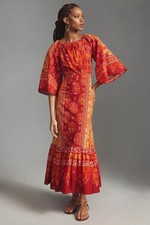 Farm Rio Printed Cutout Tiered-Hem Dress Size Large Excelent EUC Red + Orange