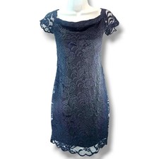 Ambiance Black Lace Bodycon Mini Dress Size L Floral Lined Short Sleeve Stretch