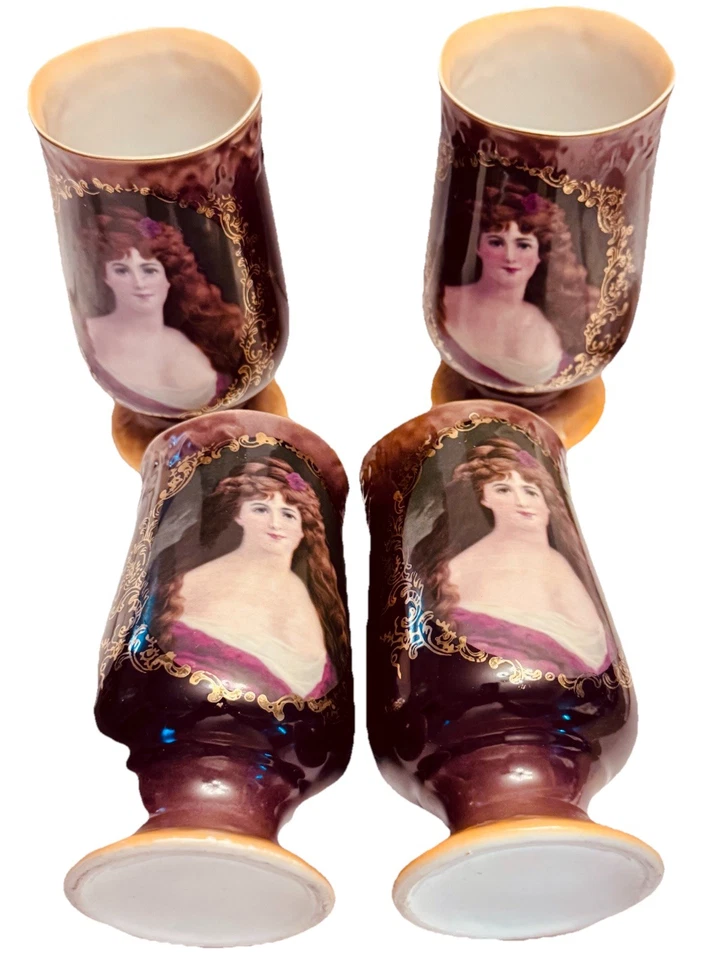 Antique ( 4  ) Jungfrau Porzellan *Footed Goblets Victorian Lady Portrait - Image 4 of 4