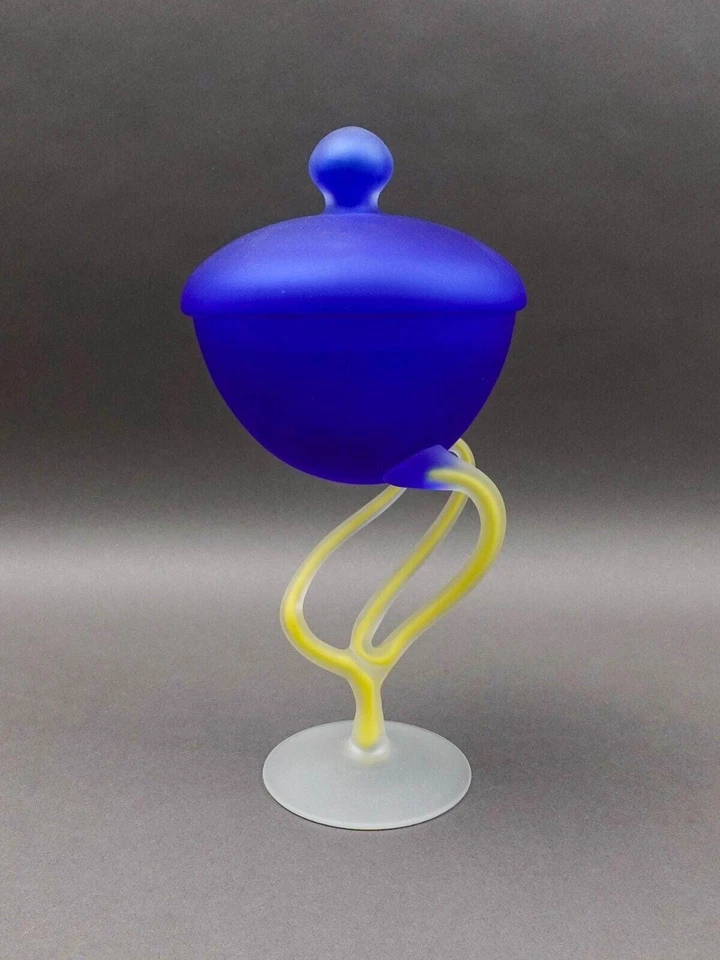 Josefina Krosno Poland Jelly Fish Blue & Yellow Art Glass Compote Bowl Sculpture - Image 3 of 4