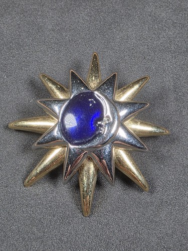 Vintage Liz Claiborne Celestial Sun and Moon Brooch Pin Gold and Silver Tone