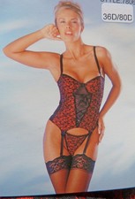 Sunburst Size 36D Satin and Lace 4 strap Basque Set in Red and Black