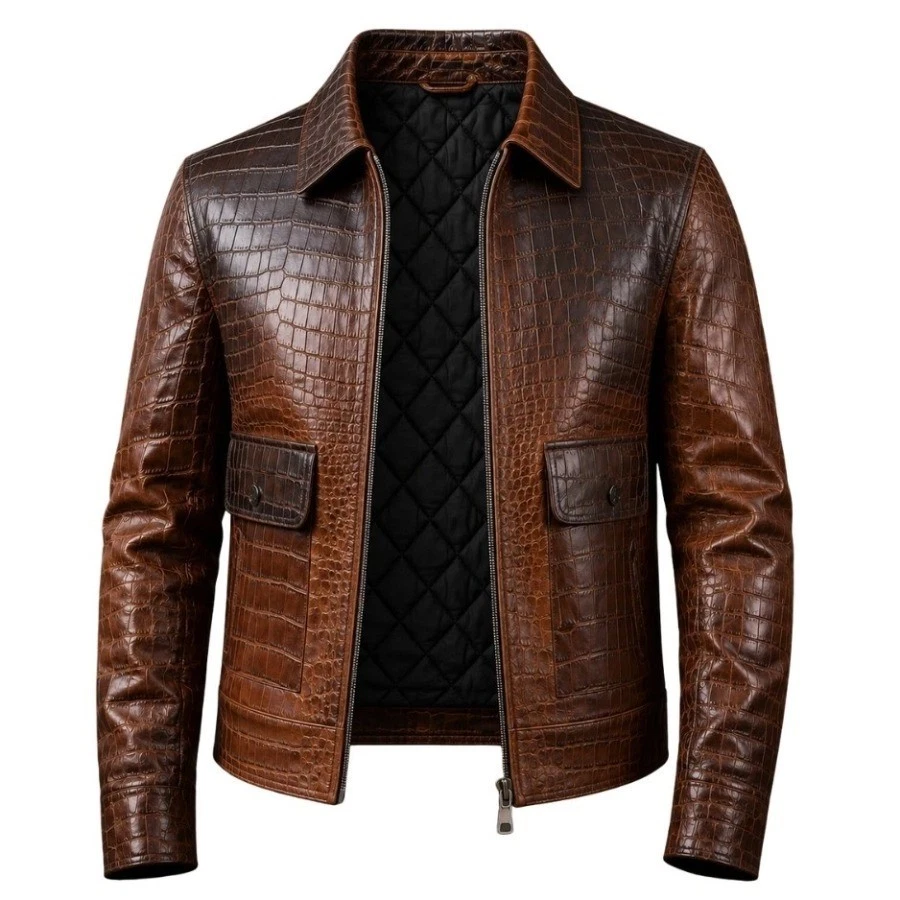Men's Genuine Leather Jacket Brown Crocodile Embossed Zip Up Coat - product detail image 1