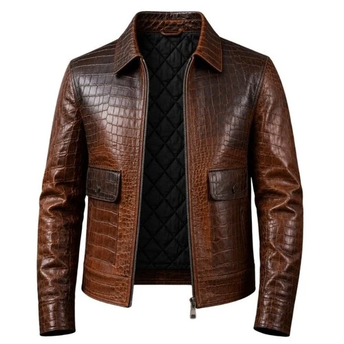 Men's Genuine Leather Jacket Brown Crocodile Embossed Zip Up Coat - product listing photo
