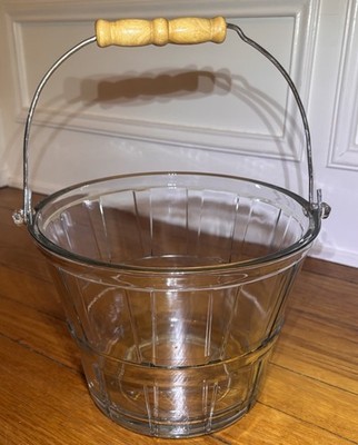 Vintage Anchor Hocking Clear Glass Apple Peach Fruit Basket Wire & Wood Handle