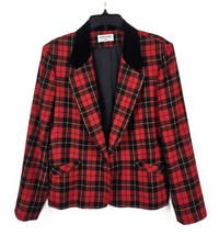 Alfred Dunner wool blend tartan plaid black collar lined Blazer Jacket Size 12