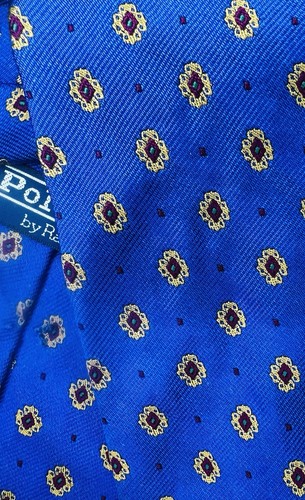 Polo Ralph Lauren handgefertigte Krawatte gerippt Seide Blumen Medaillon blau gelb rot - Bild 8 von 8