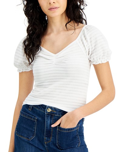 Planet Gold Juniors' Ruched Puff-Sleeve Top (Small, Bright White)