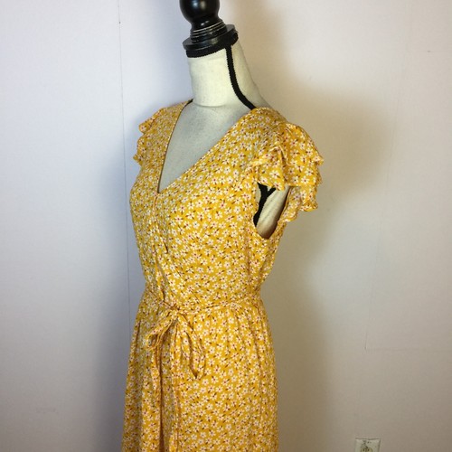 Antiguo Vestido Azul Marino Midi Envolvente Talla S Mujer Amarillo Floral Cuello en V Cintura Elástica Cinturón - Imagen 13 de 16