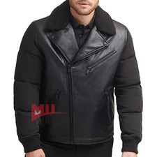 Handmade Men's Black Cowhide Leather Biker Jacket,Fashion Jacket With Collor Fur