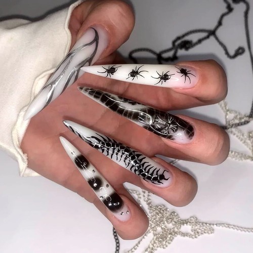 24 Pcs French Black Press on Nails Punk Style 3D Spider Skull Design Fake Nails - Picture 21 of 48