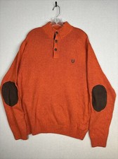 Chaps Men  s Sweater Large Orange Mock Neck Henley Elbow Patches Suede Trim 2982
