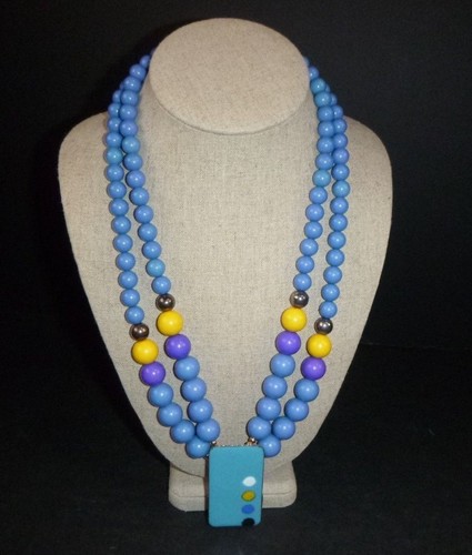 NWT Vtg 70s 80s Copper Enamel Pendant on Blue Beaded Necklace By Rhea