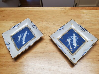 M T Limoges Diamond Gold Trimmed Trinket Dishes Pate-Sur-Pate Nymph & Cherub