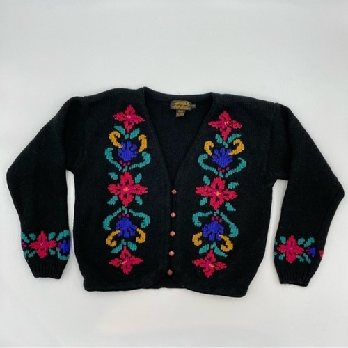 Vintage Eddie Bauer Strickjacke Pullover Damen Blumen schwarz V-Ausschnitt Twee Retro 90er