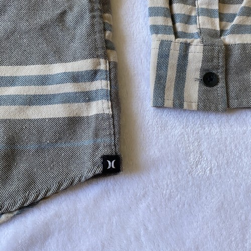 Hurley Shirt M Flannel Striped Button Gray Breast Pocket Blue Logo Skate Surf CA - Picture 16 of 24