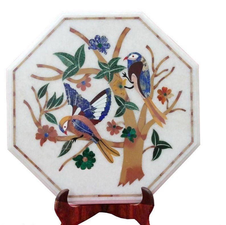 18-inch Marble Table Top with Pietradura Inlay Art for Home Decor