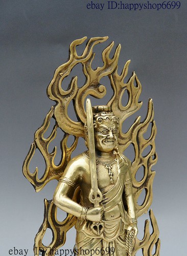 11" Tibetan Tibet Buddhism Bronze Fudo Myo-o / Acalanatha Buddha Flammule Statue - Picture 9 of 13
