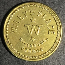 Wiley's Place Hillsboro Oregon - G/F 5c Brass Trade Token "W"  22mm