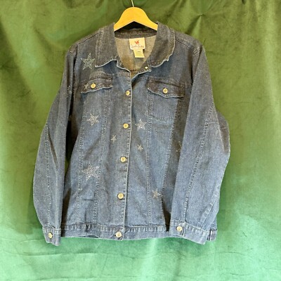 Quacker Factory Denim Blue Jean Jacket Americana Rhinestone Stars X Large 