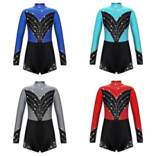 Kids Girls Leotard Dance Jumpsuit Long Sleeve Dancewear Decorated Dress Back