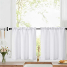 White Short Kitchen Curtains 24 Inch Length Tier Curtain 2 Panels - Faux Linen T