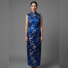 VTG Royal Blue  Gold Floral Brocade Cheongsam Qipao Dress