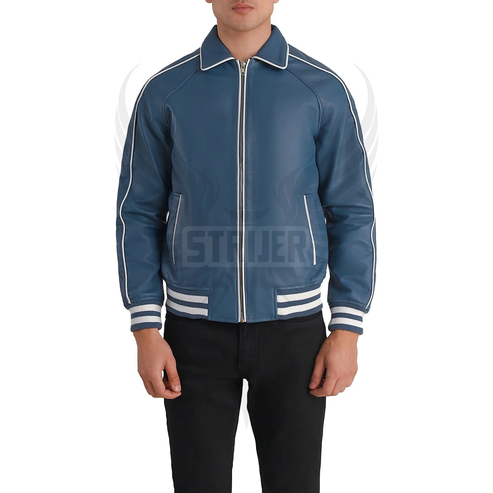 Mens Blue Lightweight Oversized Leather Biker Jacket Casual Stylish Bomber Coat