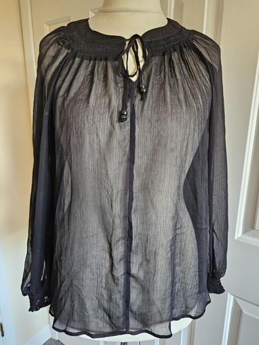 Primark - schwarz, Perlen Bindekragen, transparent, Langarmshirt - UK12/EU40