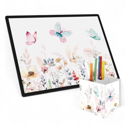 itenga Schreibtischunterlage mit Stifteköcher Box eckig Fächer Set SCHMETTERLING