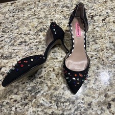 Betsey Johnson Mayson Heels Sz 9.5 Black Satin Jeweled Sequin Shoes Pumps