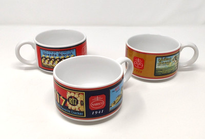 Set 3 VINTAGE SOUP MUGS Cups NABISCO CRACKERS RITZ, UNEEDA, PREMIUM